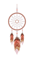 Dream catcher with mandala and feathers. Hand drawn indian talisman. Ethnic bohemian design element. Vector hipster illustration isolated on white background. Flat boho style.