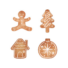 Christmas gingerbread cookies in watercolor style. Winter food element isolated on white background. Biscuit with sugar icing.