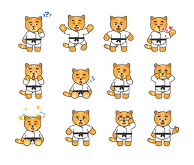 Set of karate cat mascots showing various emotions. Cute karate cat laughing, crying, angry, sad, sleeping and showing other expressions. Vector illustration bundle