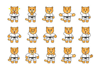 Set of karate cat mascots showing various emotions. Cute karate cat laughing, amazed, begging, angry, sad and showing other expressions. Vector illustration bundle