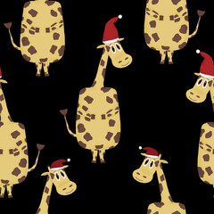 Christmas seamless pattern with smiling giraffes with Santa hats on a black background