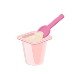 Yogurt packed in pink plastic box with plastic spoon, cartoon comic illustration