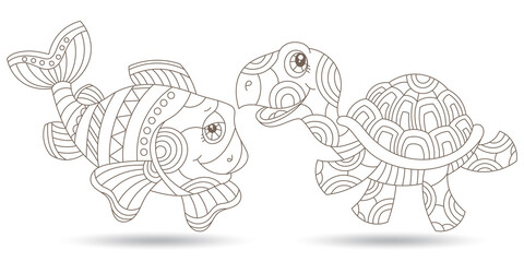 Obraz premium Set of outline illustrations with stained glass elements, fish and turtle, dark contours isolated on a white background