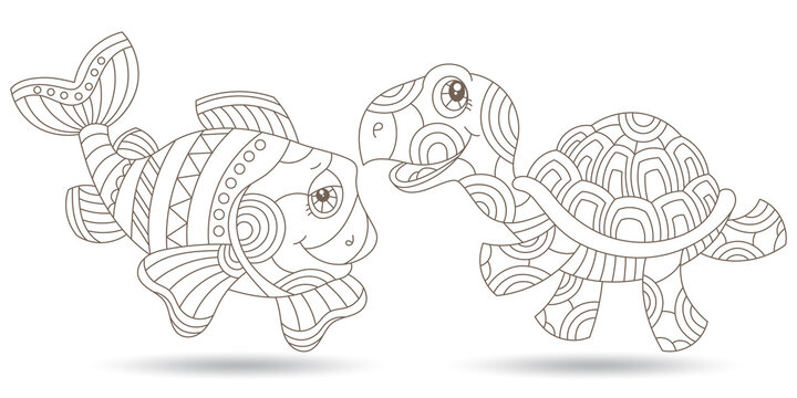 Set of outline illustrations with stained glass elements, fish and turtle, dark contours isolated on a white background