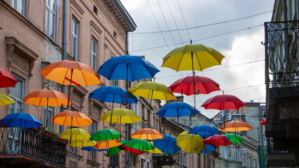 Background colorful umbrella street decoration.