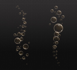 Gold fizzy bubbles. Sparkles champagne. Fizzy pop and effervescent drink. Abstract fresh soda and air bubbles, oxygen, champagne crystal. Vector illustration on black transparent background.
