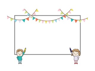 Fototapeta premium 鉛筆をもった子供たちとガーランドのホワイトボード型フレーム