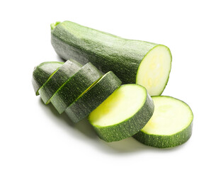 Sliced zucchini squash on white background