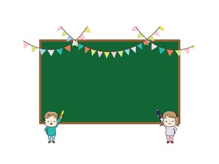鉛筆を持った子供たちとガーランドの黒板型フレーム