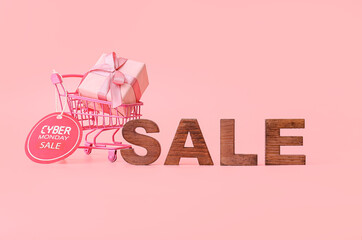 Shopping cart with gift box and word SALE on color background