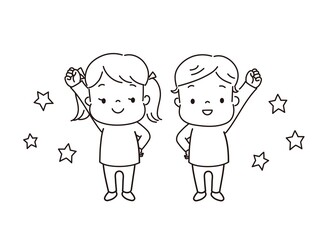 ガッツポーズで張り切っている子供たちの線画
