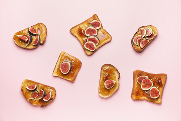 Tasty sandwiches with sweet fig jam on color background