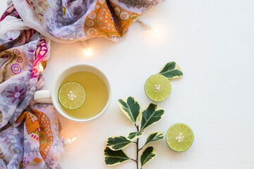 herbal mix honey lemon hot healthy drinks for sore throat with scarf of lifestyle woman relax in...