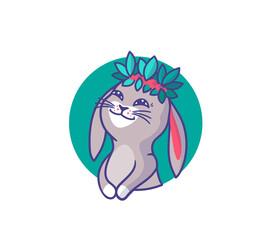 The logo of a bunny-girl in a wreath of leaves. Happy cartoonish rabbit in the green circle. Good for t-shirts, cloth designs, stickers, ads, etc. This emblem is a vector illustration