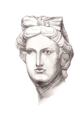Fine art. Head of the Artemis. Face. Academic Professional Drawing. Original Artwork. Graphite on Paper. Wall art. Greek mythology and history. Ancient world culture.