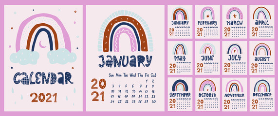 creative monthly calendar for 2021 decorated with lettering quotes and rainbows in scandinavian style. Good for prints, posters, cards, agenda, planners, etc. EPS 10