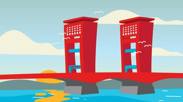 Animated cartoon video, the longest bridge in Palembang, Indonesia. An animation of the longest and strongest bridge in Indonesia. Bridge Icon.