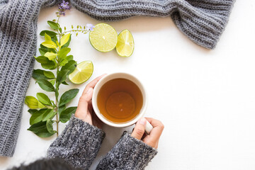 hand of young girl holding cup herbal honey lemon tea healthy drinks health care for sore throat...