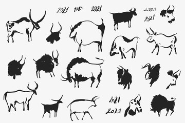Hand drawn cave animals bulls. The symbol of the Chinese New Year. Collection. Vector - obrazy, fototapety, plakaty