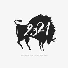 Hand drawn cave animals bulls. The symbol of the Chinese New Year. Poster. Vector