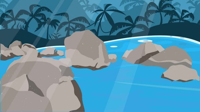 Animated video cartoon, beach of Babel in Indonesia. The beach located in Bangka Belitung. This animation depicts a beach with many rocks.