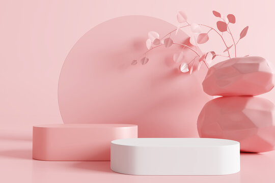 Product Display Podium With Pink Nature Leaves Background. 3D Rendering
