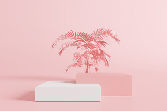 Product Display Podium With Pink Nature Leaves Background. 3D Rendering
