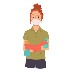 A young girl with crossed arms is ready for cleaning with a face mask to protect against the virus isolated on white background. Vector hand drawn illustration.