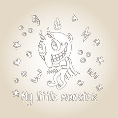 Halloween Cartoon Character Cute Little Devil for Coloring Book. Hand drawn vector illustration with a Damon with Horns and small patterns. All Saints Day concept of party, posters, greeting cards