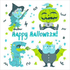 Monster Cartoon Character set. Handdrawn vector illustration with Pumpkin, Witch, Dragon, a Vampire and small patterns. Mystery, All Saints Day concept for halloween party, posters, greeting cards
