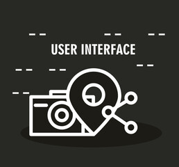 user interface, black background with share camera and gps navigaton icons linear style