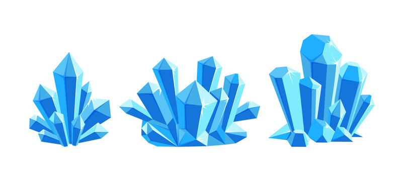 Ice crystals or gem stones. Set of crystal druses made of blue mineral isolated in white background. Vector illustration in cartoon style