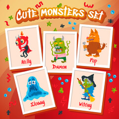 Monster Doodle Character set. Hand drawn vector illustration with Beast, Wolf, Devil, Witch. Mystery, All Saints Day concept for Halloween party, posters, portraits. Caricature of Scary Creatures