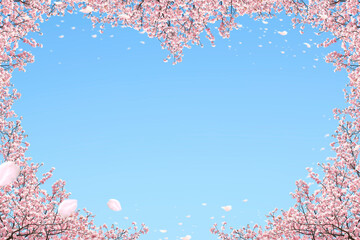 桜の花吹雪舞う青空フレームハート