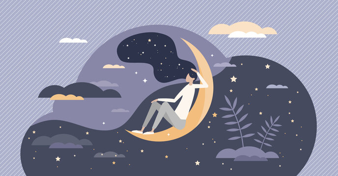 Good sleep at night moon with deep and healthy dreams tiny person concept