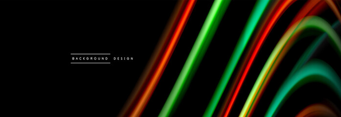 Dynamic motion abstract background. Color blurred stripes on black. Wave liquid lines poster. Vector illustration