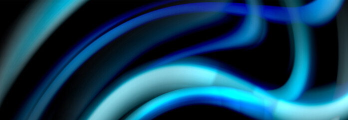 Dynamic motion abstract background. Color blurred stripes on black. Wave liquid lines poster. Vector illustration