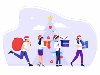 Vector business People Walking on Corporate Party with Gifts and Greetings. Happy Colleagues Carrying giftbox and Preparing for Winter Season Holidays Event. Cartoon Flat Vector Illustration