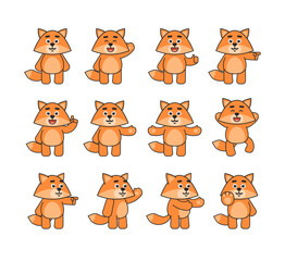 Fox mascot showing various hand gestures. Cute fox pointing, greeting, celebrating, showing stop hand, thumb up and other gestures. Vector illustration bundle