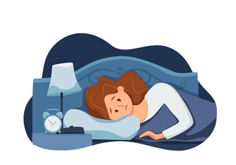 Sleepy awake woman in bed suffers from insomnia. Vector illustration