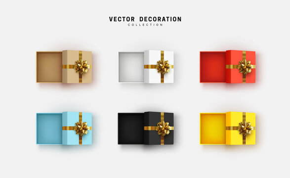 Set of empty open gift box with lush gold bow. Collection of realistic gifts presents flat lay top view. Festive colorful decorative 3d render objects. vector illustration