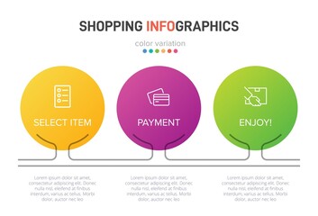 Concept of shopping process with 3 successive steps. Three colorful graphic elements. Timeline design for brochure, presentation, web site. Infographic design layout.