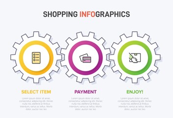 Concept of shopping process with 3 successive steps. Three colorful graphic elements. Timeline design for brochure, presentation, web site. Infographic design layout.