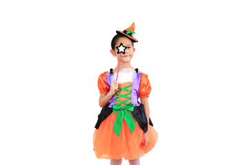 Portrait asian little kid girl in halloween costume isolated on white background.