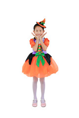 Beautiful asian little kid girl in halloween costume isolated on white background. Full length.