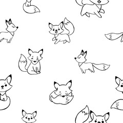 Doodle black and white fox seamless pattern for nursery. Cartoon vector illustration. Cute graphic background. Foxes print for kids. Scandinavian design for little baby room.