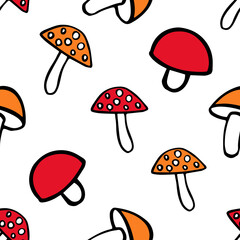 Doodle fly agaric, tiny mushroom sketch seamless pattern for nursery. Cartoon vector illustration. Cute graphic background. Print for kids. Scandinavian design for little baby room.
