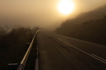 Fototapeta premium Beautiful picture of a road in a foggy day during the sun rising. Close up looking of the tarmac. Low shot.