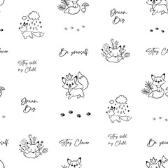 Black and white foxes doodle seamless pattern for nursery. Cartoon vector fox illustration. Cute graphic background. Print for kids. Scandinavian design for little baby room.