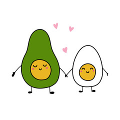 Funny cartoon egg and avocado. Vector flat illustration. Isolated on white background. Keto power card design. Love and friendship.